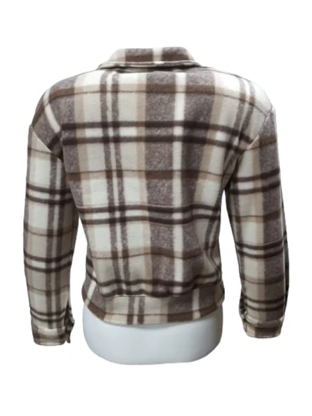 Viya V00792 Kadın Polar Ekose Kareli Fermuarlı Mini Ceket - Resim 2