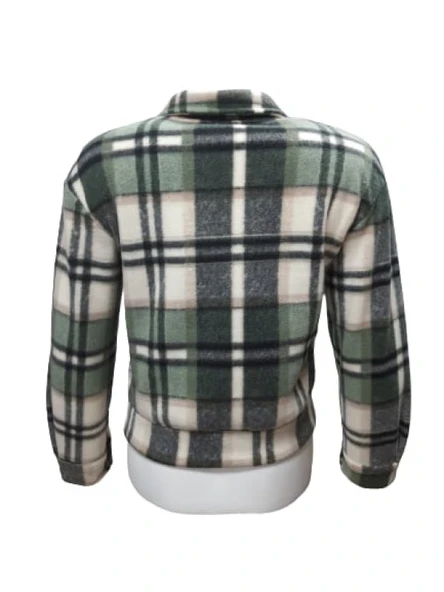 Viya V00792 Kadın Polar Ekose Kareli Fermuarlı Mini Ceket - Resim 4