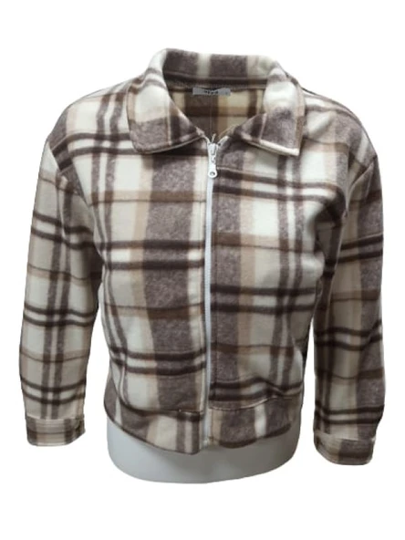 Viya V00792 Kadın Polar Ekose Kareli Fermuarlı Mini Ceket ürün görseli