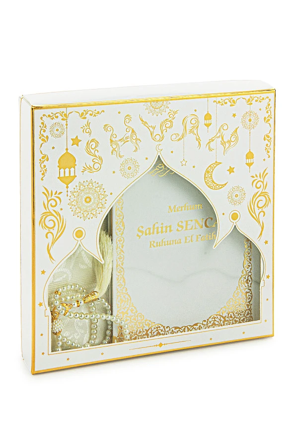 Beyaz 50 Adet İsim Baskılı Deri Ciltli Orta Boy Yasin Kitabı Seccade Seti Mevlit Hediyesi - Resim 2