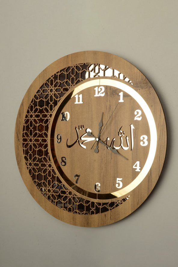 Ahşap Ve Aynalı Allah-muhammed Motifli Normal Rakamlı Duvar Saati