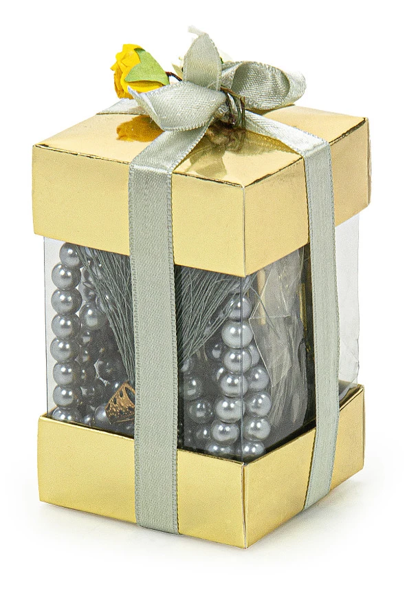 Pencere Kutulu Mini Kuran Seti - İnci Tesbihli - Pleksili - Gri - Resim 2