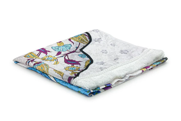 İpek Dokulu Taşıma Çantalı Ebruli Lale Desenli Seccade - Mavi - Resim 5