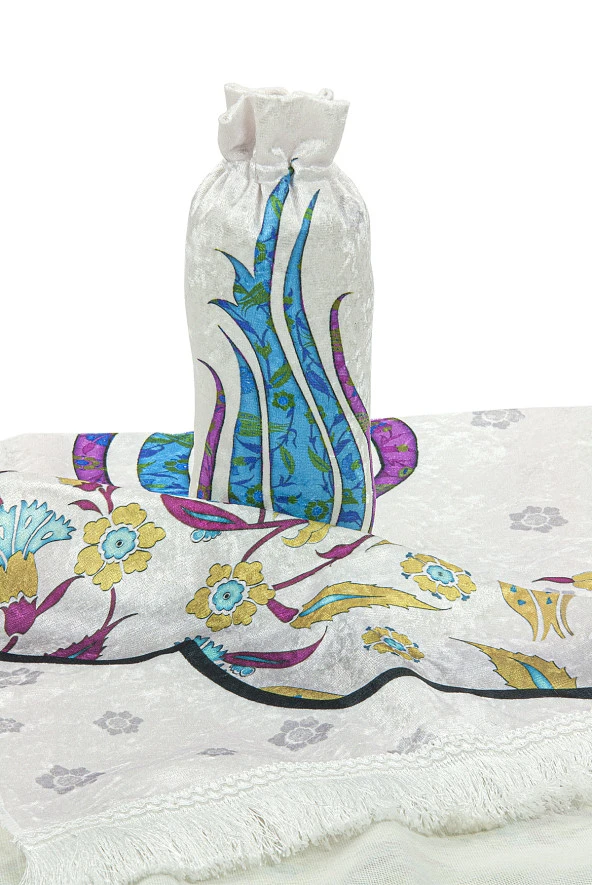 İpek Dokulu Taşıma Çantalı Ebruli Lale Desenli Seccade - Mavi - Resim 6