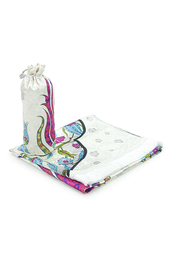 İpek Dokulu Taşıma Çantalı Ebruli Lale Desenli Seccade - Fuşya - Resim 3