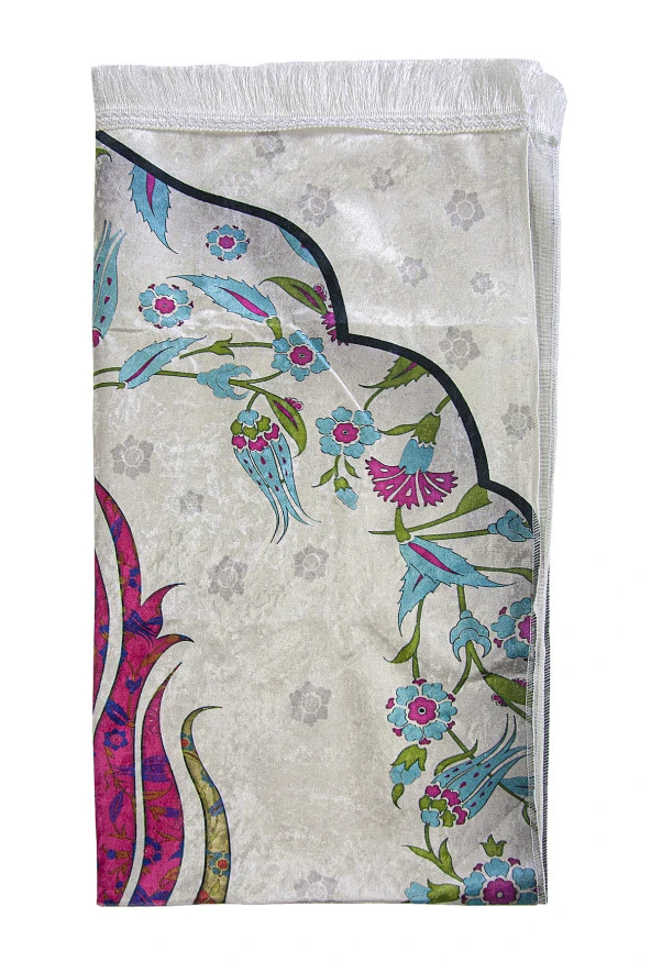 İpek Dokulu Taşıma Çantalı Ebruli Lale Desenli Seccade - Fuşya - Resim 4