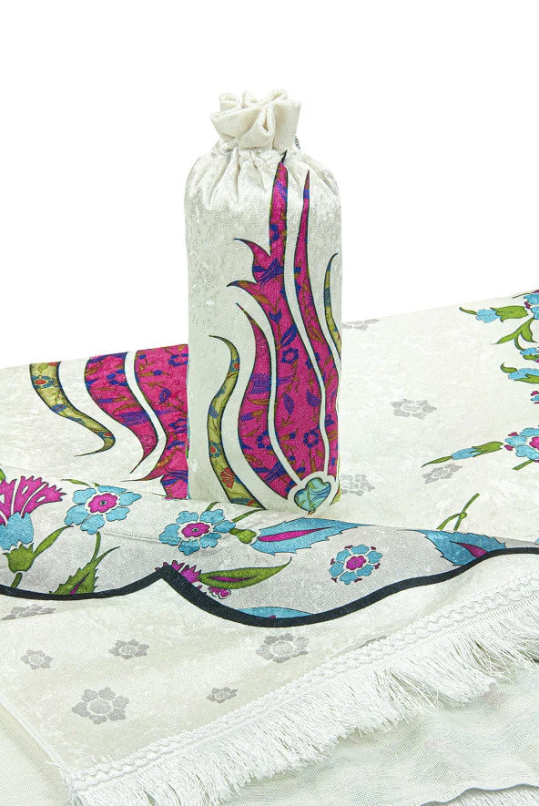 İpek Dokulu Taşıma Çantalı Ebruli Lale Desenli Seccade - Fuşya - Resim 6