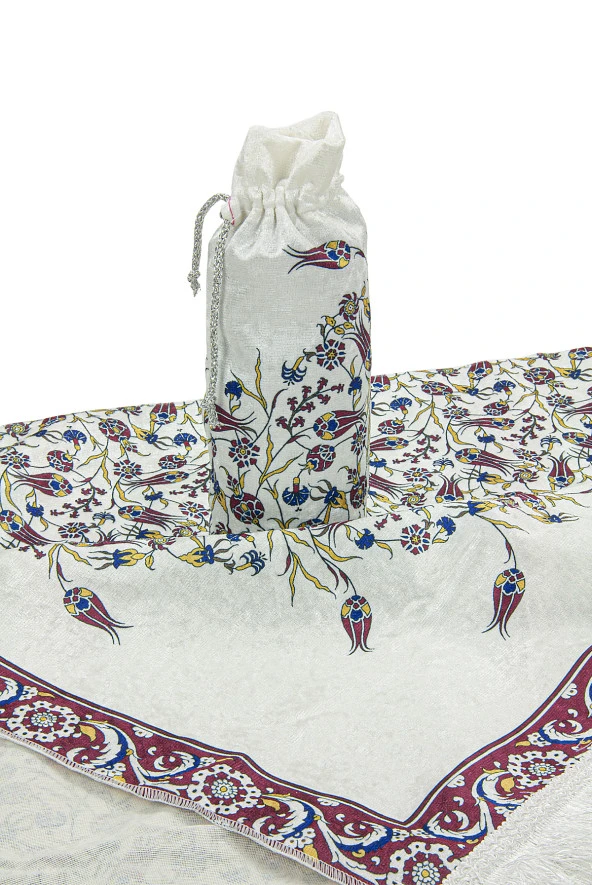 İpek Dokulu Taşıma Çantalı Lale İşlemeli Seccade - Kırmızı - Resim 2