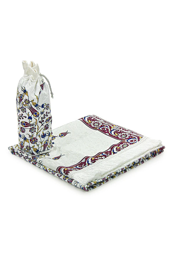 İpek Dokulu Taşıma Çantalı Lale İşlemeli Seccade - Kırmızı - Resim 5