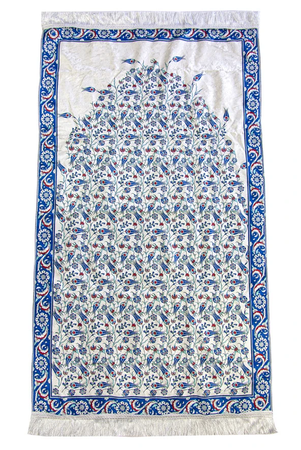 İpek Dokulu Taşıma Çantalı Lale İşlemeli Seccade - Lacivert - Resim 2