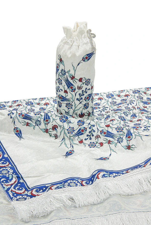 İpek Dokulu Taşıma Çantalı Lale İşlemeli Seccade - Lacivert - Resim 6