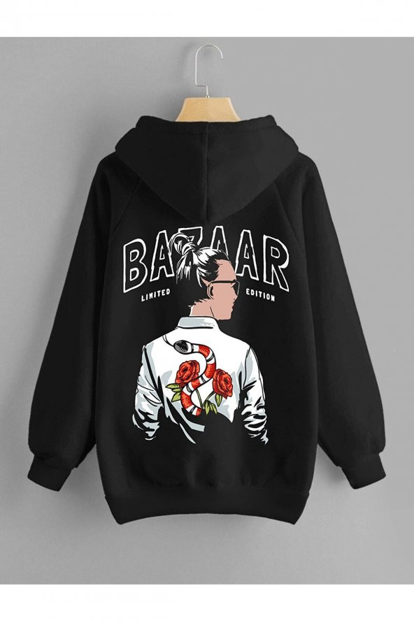 Owersize Kapüşonlu Sweatshirt Siyah Fashıonbazaar Baskı