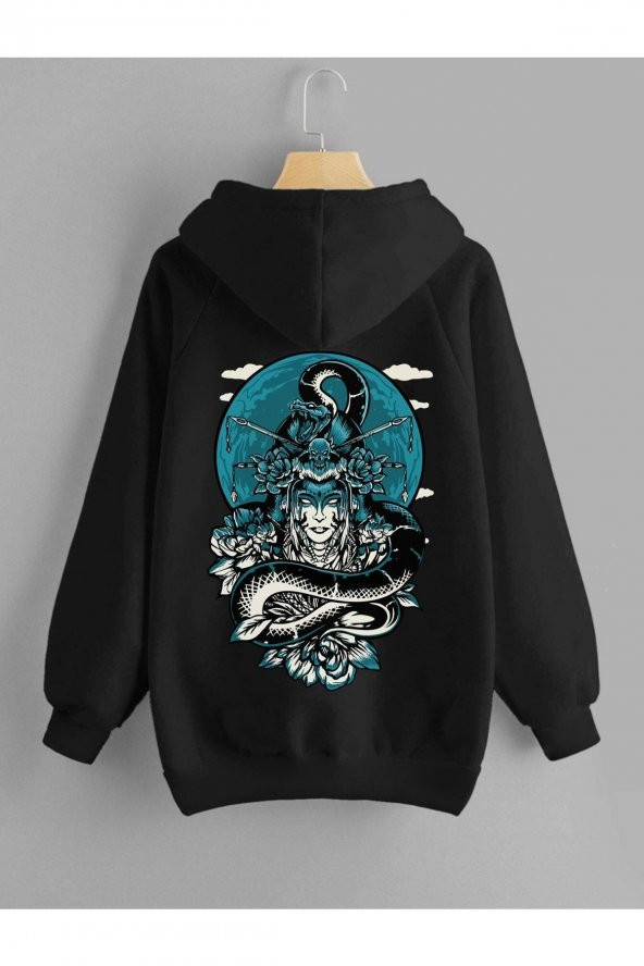 Oversize Kapüşonlu Sweatshirt Geisha Baskı