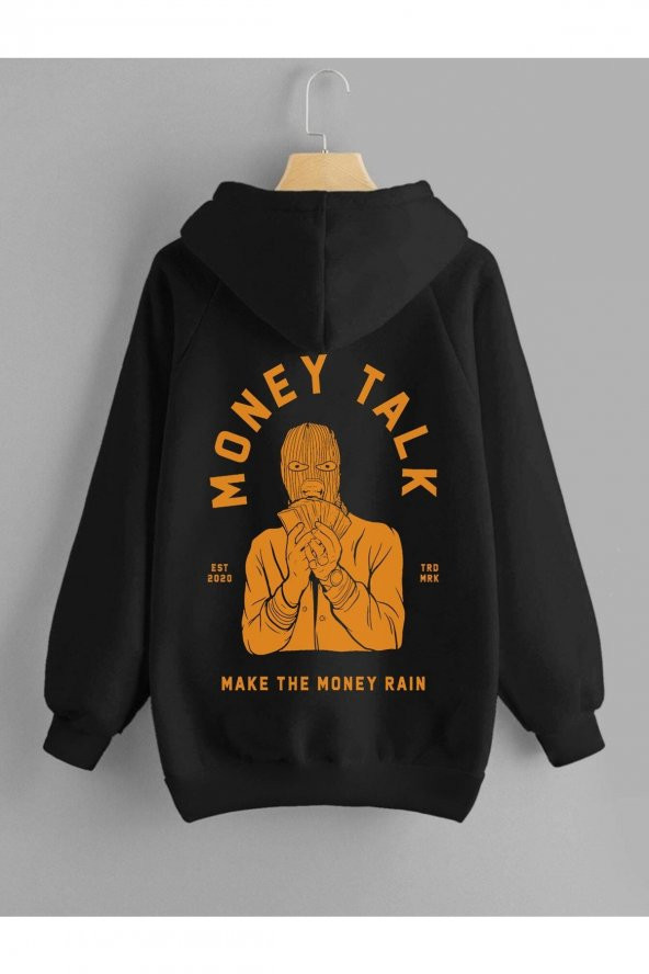 Kapüşonlu Sweatshirt Money Talk Sırt Baskı Siyah