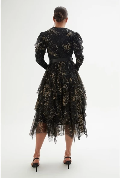 Kruvaze Yaka Baskılı Tül Abiye Elbise 1773-Siyah - Resim 4