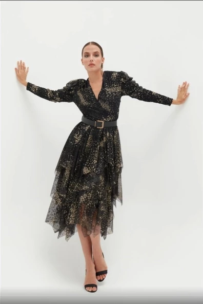 Kruvaze Yaka Baskılı Tül Abiye Elbise 1773-Siyah - Resim 3