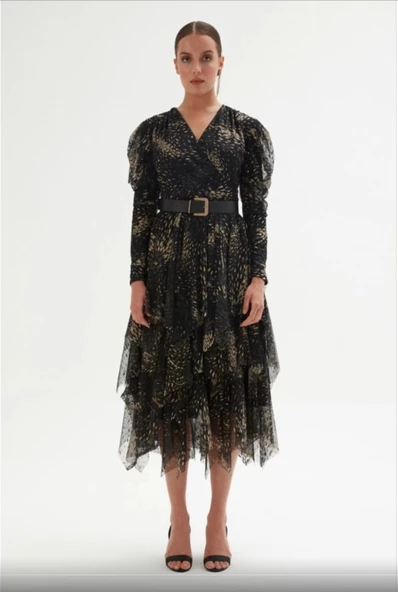 Kruvaze Yaka Baskılı Tül Abiye Elbise 1773-Siyah - Resim 2