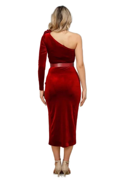 Tek Omuzlu Kadife Elbise 2204-Bordo - 5