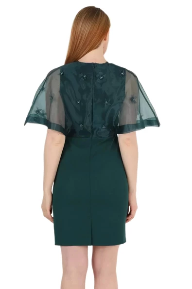 Kruvaze Yaka İnci İşlemeli Elbise 2203-Yeşil - Resim 4