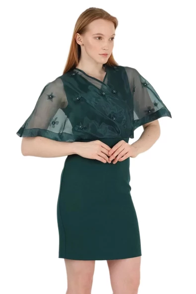 Kruvaze Yaka İnci İşlemeli Elbise 2203-Yeşil - Resim 3