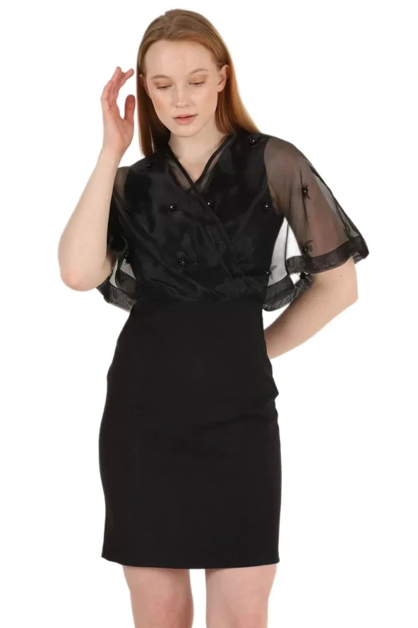 Kruvaze Yaka İnci İşlemeli Elbise 2203-Siyah - Resim 2