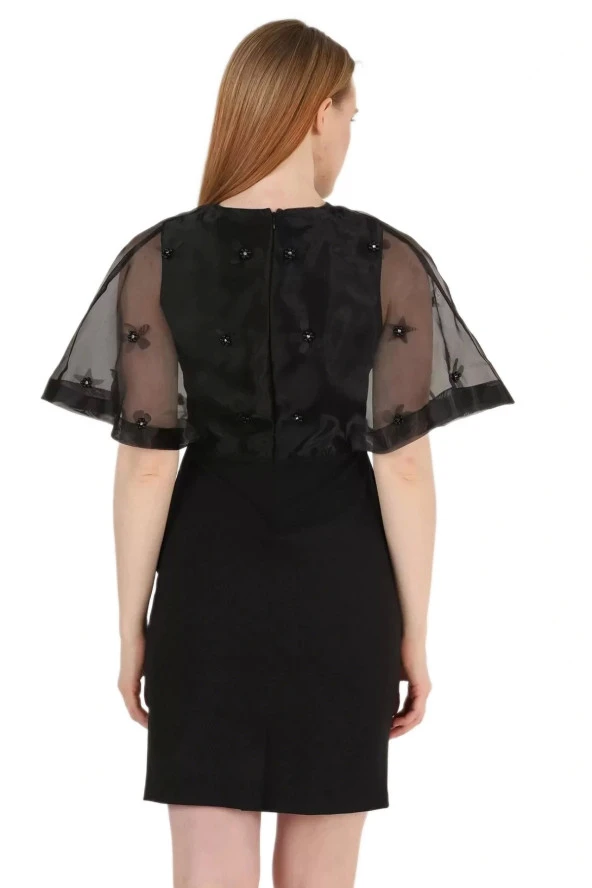 Kruvaze Yaka İnci İşlemeli Elbise 2203-Siyah - Resim 3