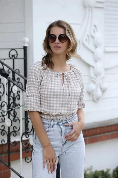 Bağlama Detaylı Crop Bluz 1736 Vizon
