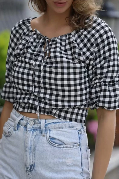 Bağlama Detaylı Crop Bluz 1736 Siyah - 3