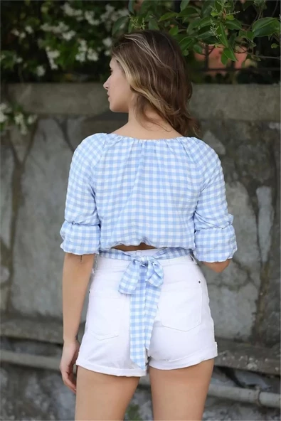 Bağlama Detaylı Crop Bluz 1736 Mavi - 4
