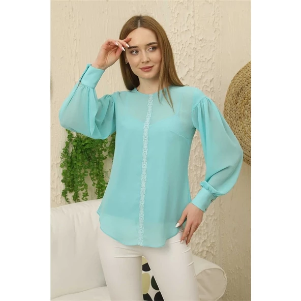 Atletli Dantel Detaylı Bluz 1759-Mint Yeşili