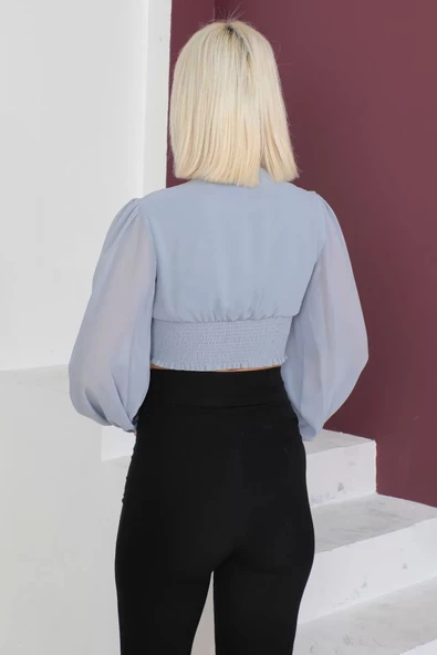 Şifon Crop Bluz 1766-Gri - 3