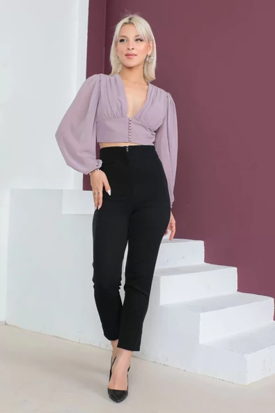 Şifon Crop Bluz 1766-Gül Kurusu - 2