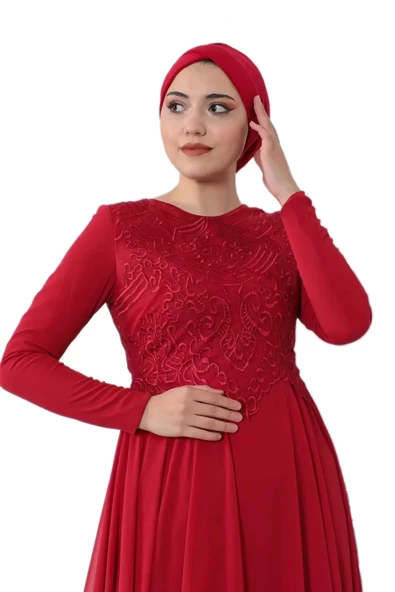Nakış Detaylı Tesettür Abiye Elbise 688-Kırmızı - 4