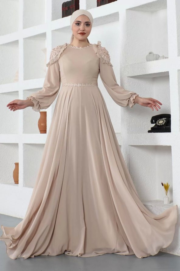 Omuz Detaylı Tesettür Abiye Elbise 727-Bej - Resim 2