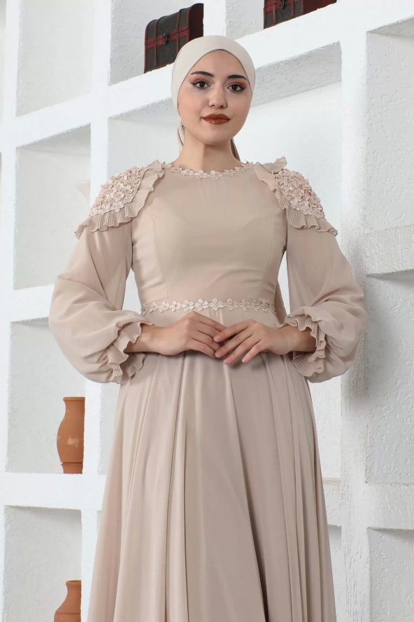 Omuz Detaylı Tesettür Abiye Elbise 727-Bej - Resim 3