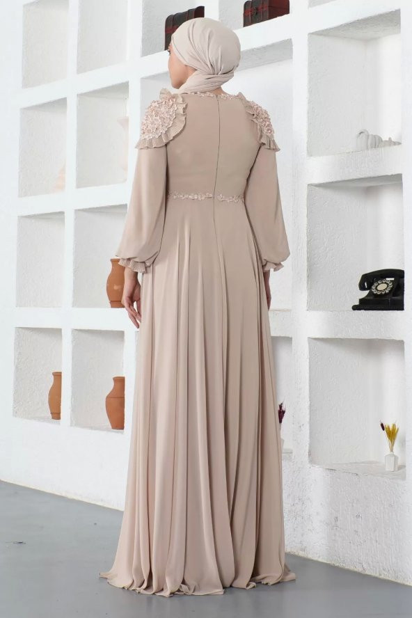 Omuz Detaylı Tesettür Abiye Elbise 727-Bej - Resim 4