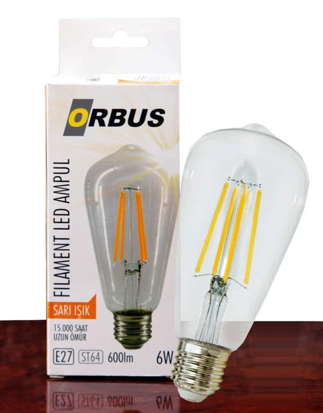 Orbus ORB-STM6W ST64 6W E27 Beyaz Cam Sarı Işık Dekoratif 540 Lm Led Ampul Ra80 220-240V-50Hz