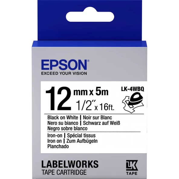 Epson LK-4WBQ Ütüyle Transfer Beyaz Üzeri Siyah 12mm 9Metre Etiket