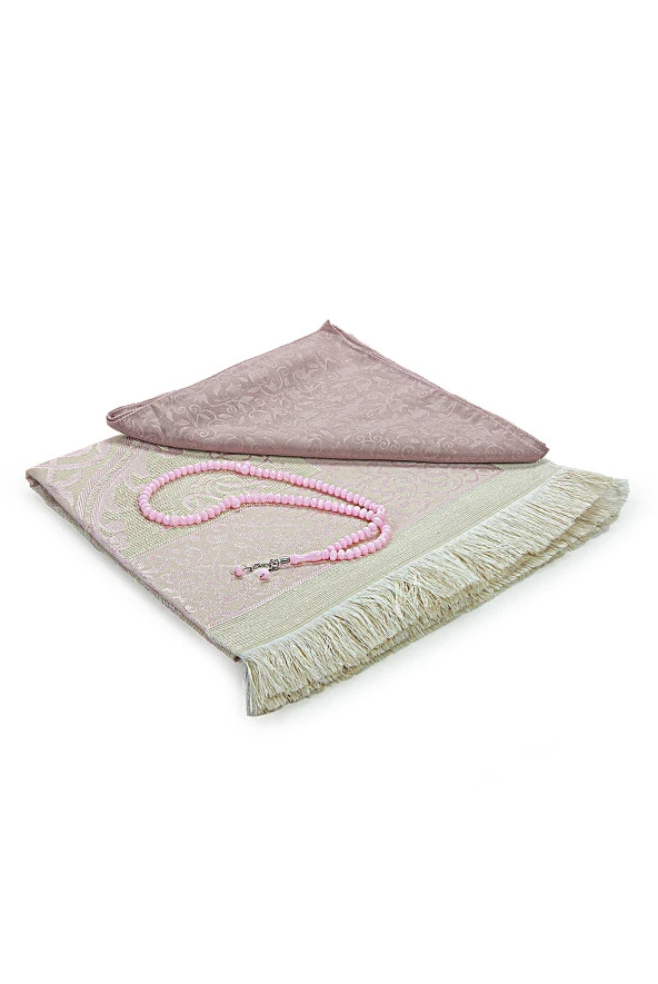 Bohçaya ve Mevlide Uygun Başörtülü Seccade Seti - Tesbihli - Pembe - Resim 2