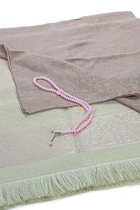 Bohçaya ve Mevlide Uygun Başörtülü Seccade Seti - Tesbihli - Pembe - Resim 3