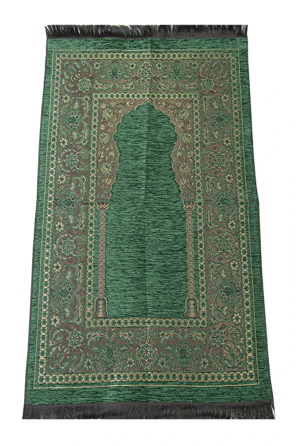 Luxury Mihrab Thick Velvet Prayer Rug Dark Green