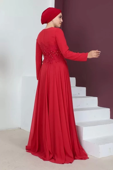 Bel Detaylı Tesettür Abiye Elbise 660-Kırmızı - 3