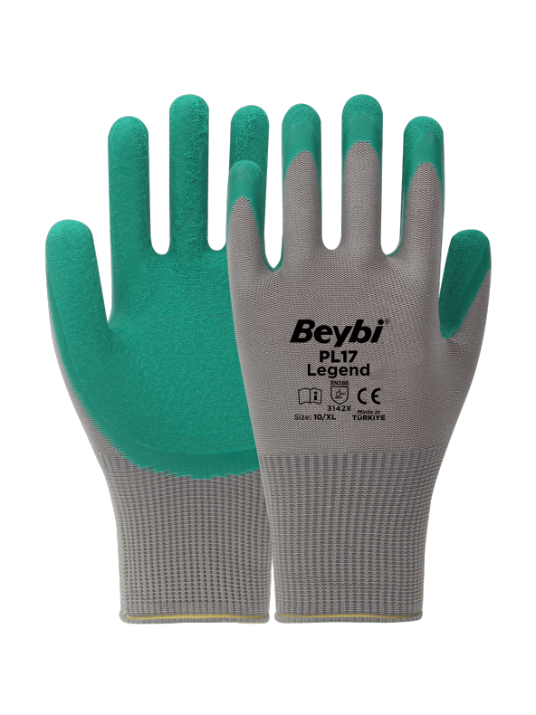 BEYBİ PL17 9 Beden Gri-Yeşil 12li Paket Legend Polyester Örme Lateks Eldiven