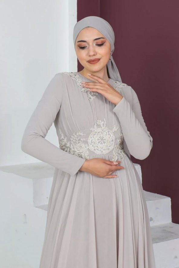 Bel Detaylı Tesettür Abiye Elbise 716-Bej - 3