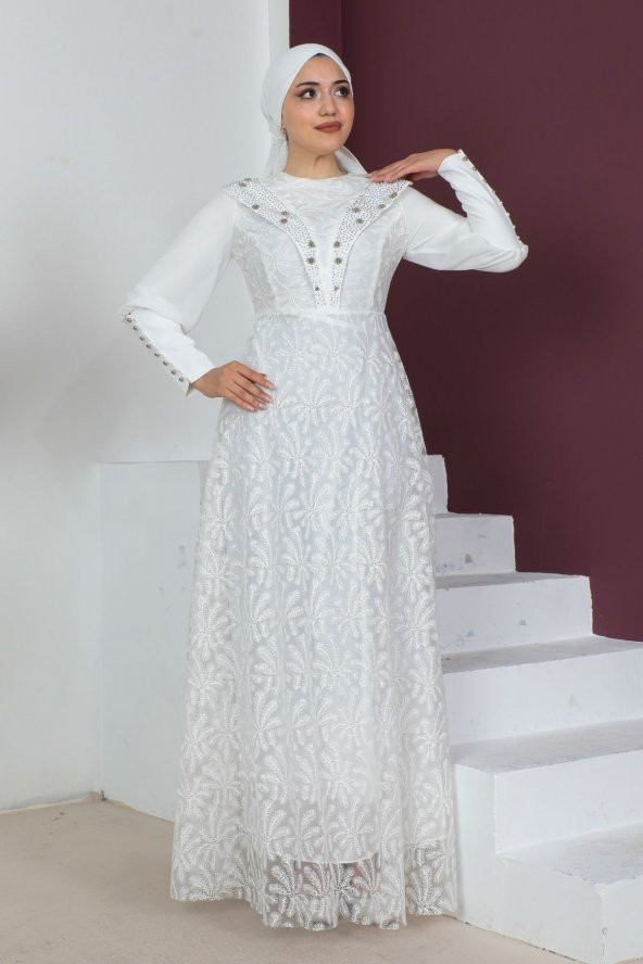 Taş Ve İnci Deteylı Güpür Tesettür Elbise 721-Beyaz