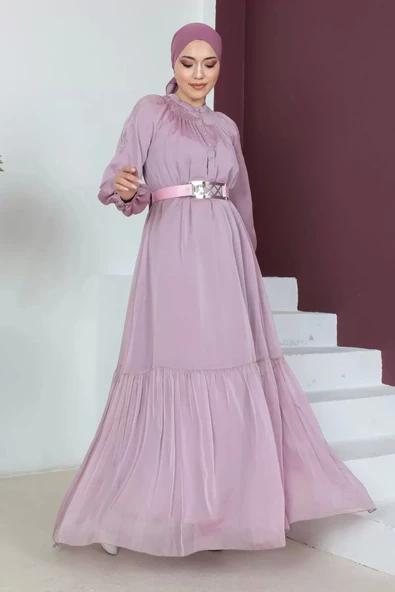 Rahat Form Kemerli Tesettür Abiye Elbise 746-Pudra - 2