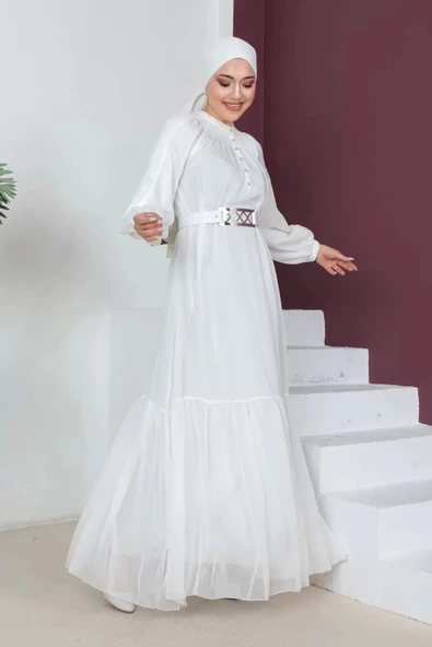 Rahat Form Kemerli Tesettür Abiye Elbise 746-Beyaz - 2