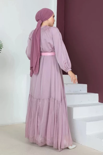 Rahat Form Kemerli Tesettür Abiye Elbise 746-Pudra - 4