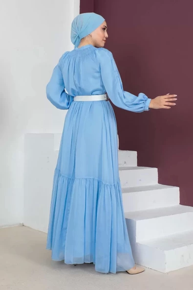Rahat Form Kemerli Tesettür Abiye Elbise 746-Mavi - 4