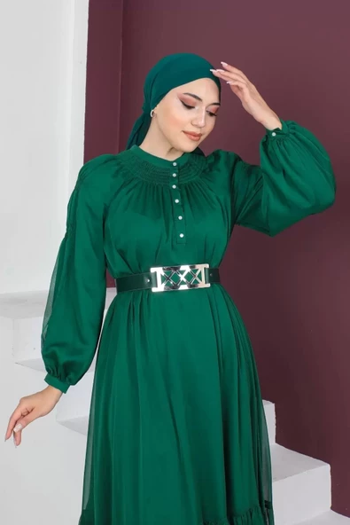 Rahat Form Kemerli Tesettür Abiye Elbise 746-Zümrüt Yeşili - 3